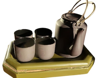 Vintage Vietnamese Ceramic Tea Set – 1970s Hanoi Minimalist Asian Teapot Cups Tray