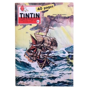 May include: Vintage Tintin comic book cover featuring a sailing ship battling stormy seas. The cover has a yellow and blue color scheme with the title "TINTIN" in bold letters. The cover also includes the text "40 pages".