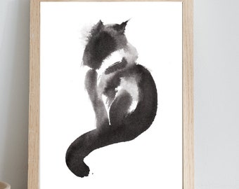 Oreo cat, giclée print of original watercolor by Chance Lee, minimalist, wall art, gift, illustration