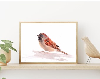 Sparrow, giclée print of original watercolor by Chance Lee, minimalist, wall art, gift, illustration