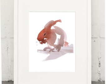 Rabbit eating, giclée print of original watercolor by Chance Lee, minimalist, wall art, gift, illustration