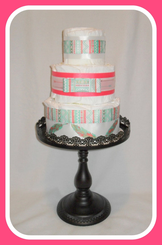 Diaper Cake Neutral Coral And Teal Aztec Themed Baby Shower Etsy