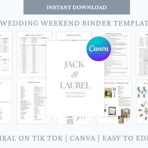 Könnte beinhalten: Eine Vorlage für einen Hochzeitswochenende-Ordner mit verschiedenen Planungsseiten. Die Vorlage enthält Abschnitte für Lieferantenkontakte, Zeitpläne und Zeitlinien. Das Canva-Logo ist sichtbar. Text enthält "Sofort-Download".