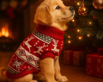 Hand-Knit Reindeer Christmas Dog Sweater, Holiday Pet Outfit, Ugly Christmas Sweater For Dog