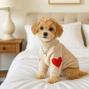 May include: A small, light brown dog wearing a beige sweater with a red heart on the left side and a silver necklace with a small pendant. The dog is sitting on a white bed, with a framed red heart on the wall behind it.
