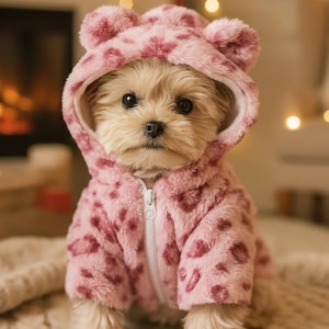 May include: A small dog wearing a pink hooded jumpsuit with a leopard print pattern. The jumpsuit has bear-like ears on the hood and a white zipper. The dog is sitting on a cream-colored blanket.
