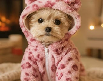 May include: A small dog wearing a pink hooded jumpsuit with a leopard print pattern. The jumpsuit has bear-like ears on the hood and a white zipper. The dog is sitting on a cream-colored blanket.
