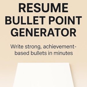 May include: Image features the text "CANADIAN RESUME BULLET POINT GENERATOR" in bold black font. Below, smaller text reads "Write strong, achievement-based bullets in minutes." A white, rectangular platform is at the bottom.