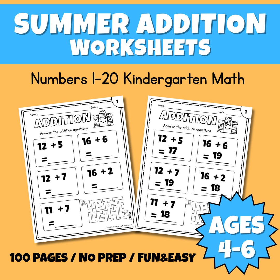 Summer Addition Worksheets 1-20 | Kindergarten Math | 100 Pages ...