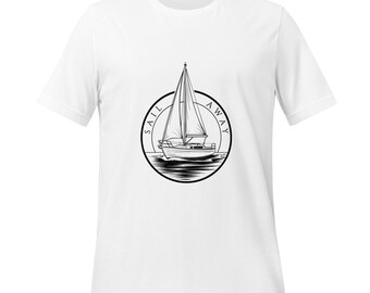 Peut inclure: T-shirt blanc avec une illustration en noir et blanc d'un voilier sur l'eau, encadrée dans un cercle. Les mots "SAIL AWAY" sont imprimés autour du voilier. Le t-shirt a des manches courtes et un col rond.
