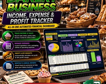 Bakery Business Income, Expense & Profit Tracker | All-In-One Automated Financial Dashboard
