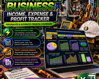 Rastreador de ingresos, gastos y ganancias para negocios de electricistas / Panel de control financiero personalizado y automatizado