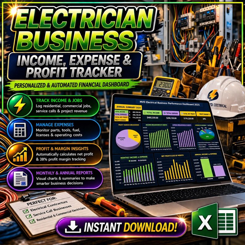 Electrician Business Income Expense Profit Tracker | Personalized ...