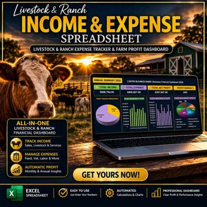 Puede incluir: Un anuncio digital para una hoja de cálculo de ingresos y gastos de ganado y ranchos. La imagen presenta una vaca, una computadora portátil que muestra datos financieros y el texto "Hoja de cálculo de ingresos y gastos". La hoja de cálculo rastrea los ingresos, los gastos y los márgenes de beneficio.