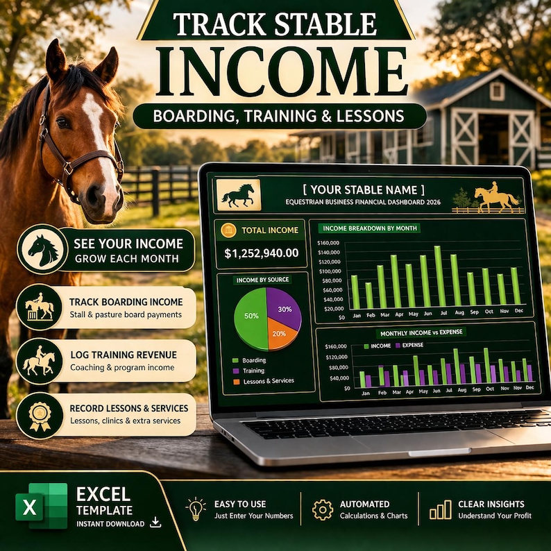 Equestrian Business Income Expense Spreadsheet | Horse Stable Financial ...
