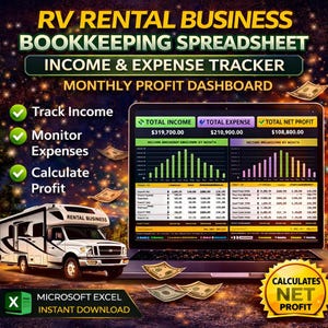 May include: An advertisement for an RV rental business bookkeeping spreadsheet. The image shows a laptop displaying income and expense tracking charts, a recreational vehicle, and text that reads "Track Income, Monitor Expenses, Calculate Profit." The spreadsheet is for Microsoft Excel.