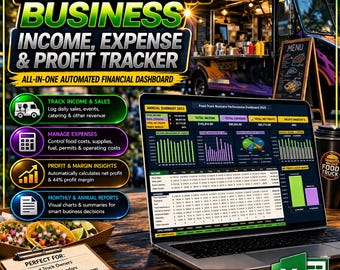 Food Truck Business Income, Expense & Profit Tracker | All-In-One Automated Financial Dashboard