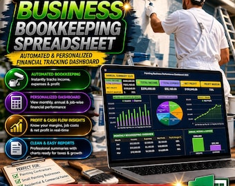 Painting Business Bookkeeping Spreadsheet | Automated & Personalized Financial Tracking Dashboard