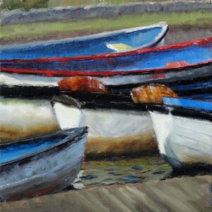 Boat Painting, Coastal Wall Art, Office Decor, Retirement Gift, Gift for Him, Original Paintings, Blue, Red, Black, boat, rustic, fine art