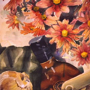 Orange-Red Daisies with Brown, Green, Gold Still Life in Basket  -  MINI-GICLEE