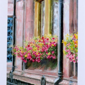 May include: A painting of a window with a flower box filled with pink, yellow, and white flowers. The window is on a building with a pink facade. The building has a black metal railing in front of it.