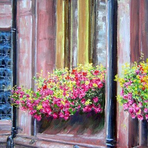 Fiori rosa e gialli nel cestino della finestra