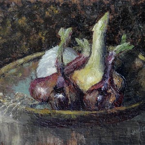 Fresh Onions, Onion Painting, Classical Realism, Vegetables, Garden Produce, Maroon, Gold, Brown, Earth Tones, Painting of Onions, Original