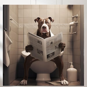 Set mit 5 lustigen Pitbull Badezimmer Kunstdrucken, Hund auf Toilette