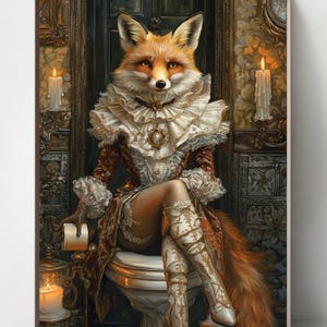Könnte beinhalten: Digitales Gemälde eines anthropomorphen Fuchses im Vintage-Stil. Der Fuchs trägt einen Rüschenkragen, verzierte Kleidung und Stiefel mit hohen Absätzen. Der Hintergrund zeigt einen kerzenbeleuchteten Raum mit antiker Einrichtung.