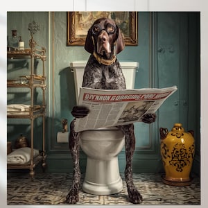 Set of 5 Funny  Kurzhaar, German Shorthaired Pointer Bathroom Art Prints, Dog on Toilet