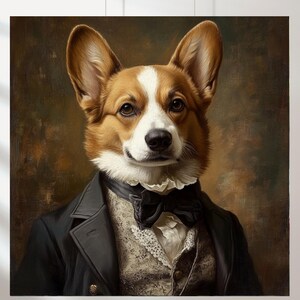 May include: A Corgi dog depicted in a formal portrait, wearing a black coat, bow tie, and a ruffled collar. The dog's fur is brown and white, set against a dark, textured backdrop, similar to a traditional painting.