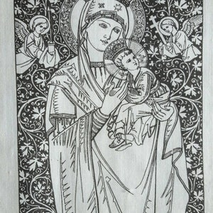 Pode incluir: Ilustração a preto e branco de uma figura religiosa segurando uma criança, ambos com auréolas. O fundo apresenta padrões florais ornamentados e dois anjos. A imagem é um desenho detalhado a traço.