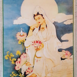 Guan Yin card, Goddess of Compassion, Kuan Yin card, buddha card, altar card, prayer card, om mani padme hum, double sided with mantra