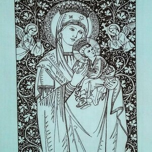May include: A black and white illustration depicting the Virgin Mary holding the Christ Child, with angels and floral patterns. The artwork has detailed linework and halos, set against a decorative background. The image is framed with a light blue border.