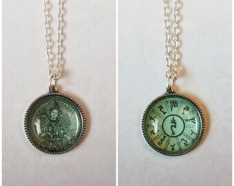 Green Tara pendant, buddha pendant, Green Tara necklace. mantra pendant, double-sided, handmade buddha pendant