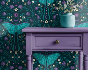 Luna Moth Removable Wallpaper, Dark Cottagecore Night Garden Mural