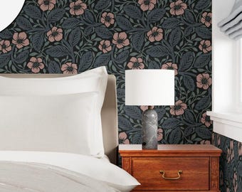 William Morris-Inspired Vintage Floral Wallpaper, Moody Farmhouse Wall Decor, Removable Wallpaper