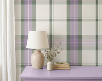 Vintage Farmhouse Plaid Wallpaper, Purple Ivory & Green Check Wall Decor, Peel and Stick