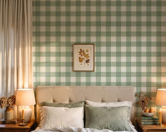 Moss Green & Ivory Gingham Wallpaper, Farmhouse Cottagecore Check Wall Decor, Vintage Country Wall Covering