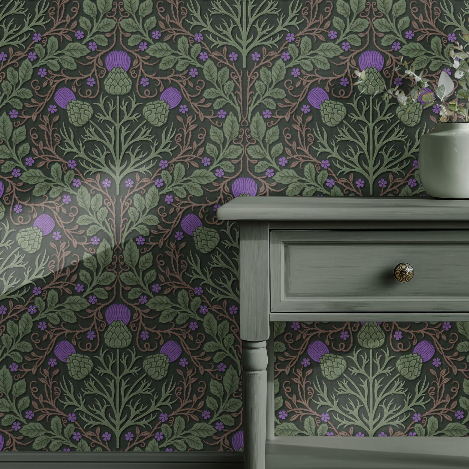Dark Cottagecore Thistle Wallpaper, Witchy Botanical Wall Decor, Peel ...