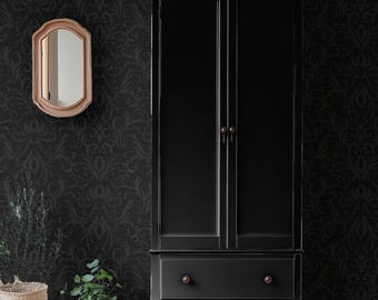Victorian Damask Wallpaper, Moody Black Gothic Wall Mural, Removable Peel + Stick