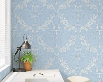 Vintage Mediterranean Coastal Wallpaper, Beach House Wall Decor, Crustacean & Foliage Removable Wallpaper
