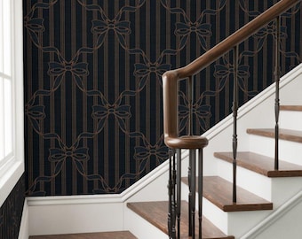 Dark Academia Bows and Stripes Wallpaper, Moody Vintage Wall Decor, Peel and Stick