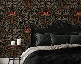 Moody Mushroom Wallpaper | Vintage Cottagecore Floral Wall Mural