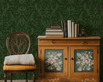 Vintage Gothic Damask Wallpaper, Moss Green Wall Decor, Antique Floral Removable Wallpaper