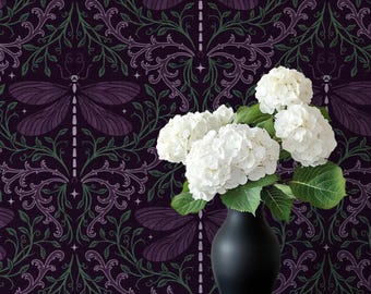 Vintage Gothic Dragonfly Wallpaper, Dragonfly Wall Decoration, Moody Botanical, Peel & Stick