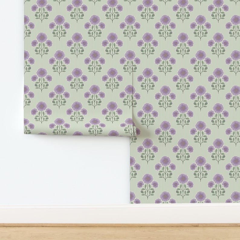 May include: Wallpaper featuring a repeating pattern of purple flowers with green stems and leaves arranged in vertical rows against a light sage green background with thin, vertical white pinstripes running throughout the entire design.