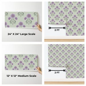 May include: Wallpaper featuring a repeating floral pattern of purple flowers and green leaves on a light green striped background. The image displays two scale options: a 24 inch by 24 inch large scale and a 12 inch by 12 inch medium scale, each shown with a 2 foot width reference.