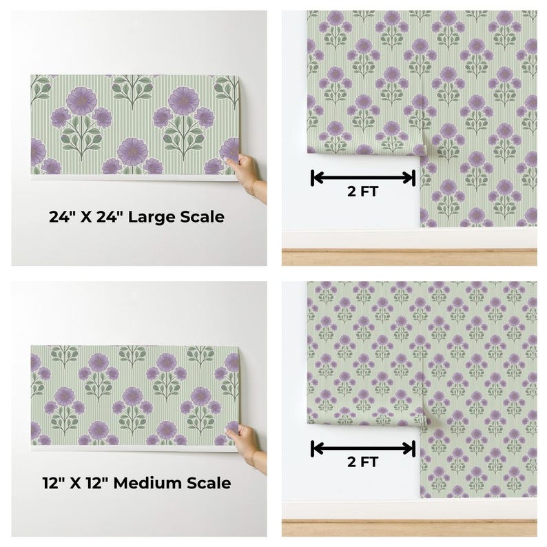 May include: Wallpaper featuring a repeating floral pattern of purple flowers and green leaves on a light green striped background. The image displays two scale options: a 24 inch by 24 inch large scale and a 12 inch by 12 inch medium scale, each shown with a 2 foot width reference.