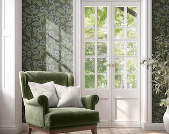 William Morris Inspired Vintage Floral Wallpaper, Dark Cottagecore Botanical Wall Mural (Peel & Stick)
